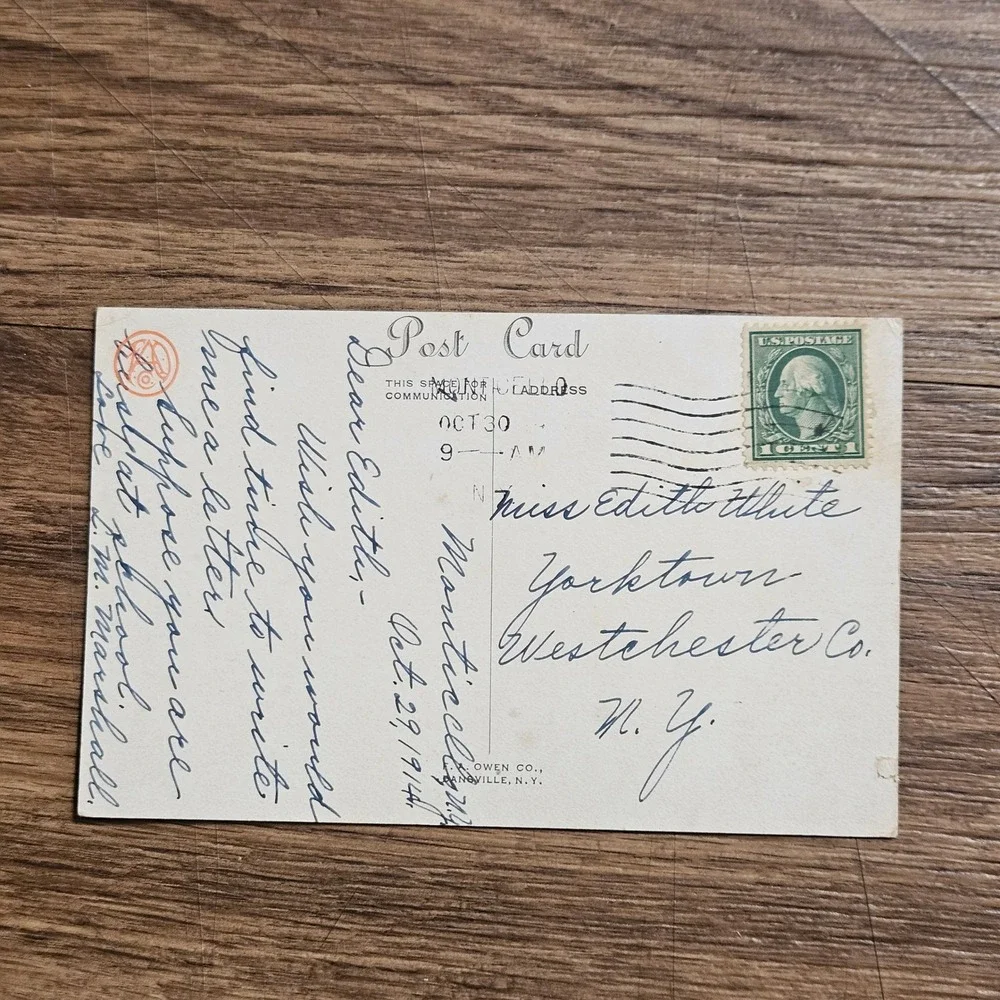 Vintage 1914 Halloween Postcard Owls on Moon F.A. Owen‎ Co 202C Postmarked Stamp